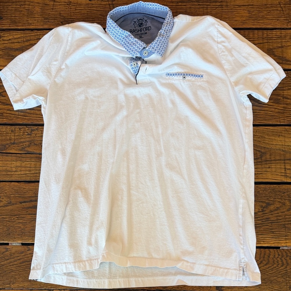 Men’s White Polo with Blue Patterned Contrast Collar
